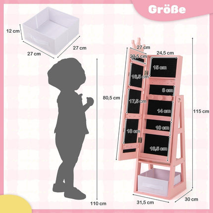 Kinder Schmuckschrank 3 in 1 Kippspiegelschrank mit Ganzkörperspiegel rosa