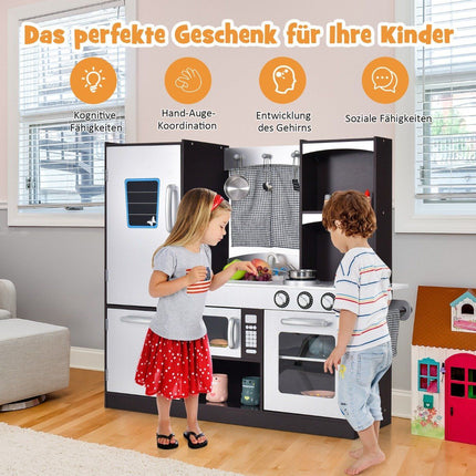 Kinderküche aus Holz, Kinderspielküche mit Kühlschrank und viel Stauraum, 97 x 30 x 95 cm, braun
