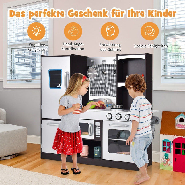 Kinderküche aus Holz, Kinderspielküche mit Kühlschrank und viel Stauraum, 97 x 30 x 95 cm, braun