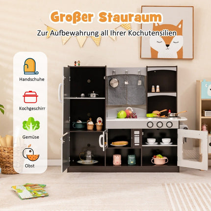 Kinderküche aus Holz, Kinderspielküche mit Kühlschrank und viel Stauraum, 97 x 30 x 95 cm, braun