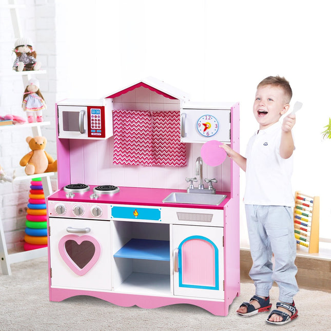 Kinderküche Spielküche aus Holz mit abnehmbarer Spüle Mikrowelle Kinderküche rosa