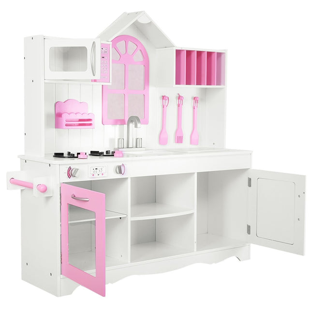 Kinderküche Spielküche aus Holz mit Spüle &amp; Haken &amp; Backofen &amp; Mikrowelle rosa &amp; weiß