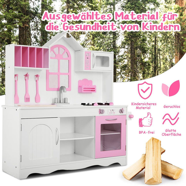 Kinderküche Spielküche aus Holz mit Spüle &amp; Haken &amp; Backofen &amp; Mikrowelle rosa &amp; weiß