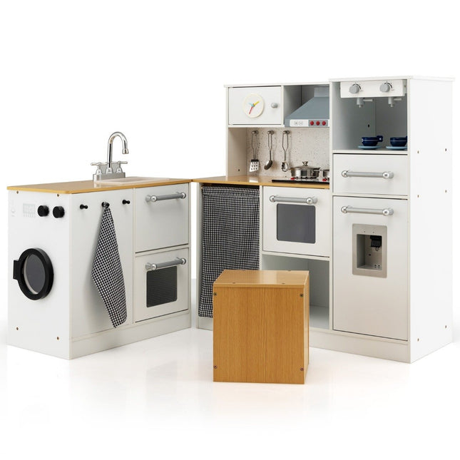 Kinderküchenset Spielküche mit Licht Hocker Kaffeemaschine Wasserspender Herd