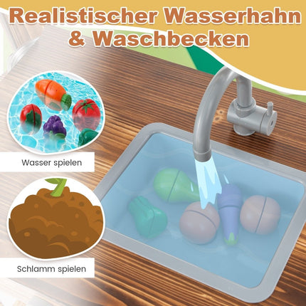 Kinderküchen aus Tannenholz mit drehbarem Wasserhahn &amp; abnehmbarer Spüle &amp; Kreidetafel