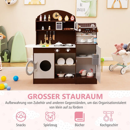 Kinderküche mit 27 Zubehörteilen, Spielküche aus Holz mit Uhr, Mikrowelle, braun
