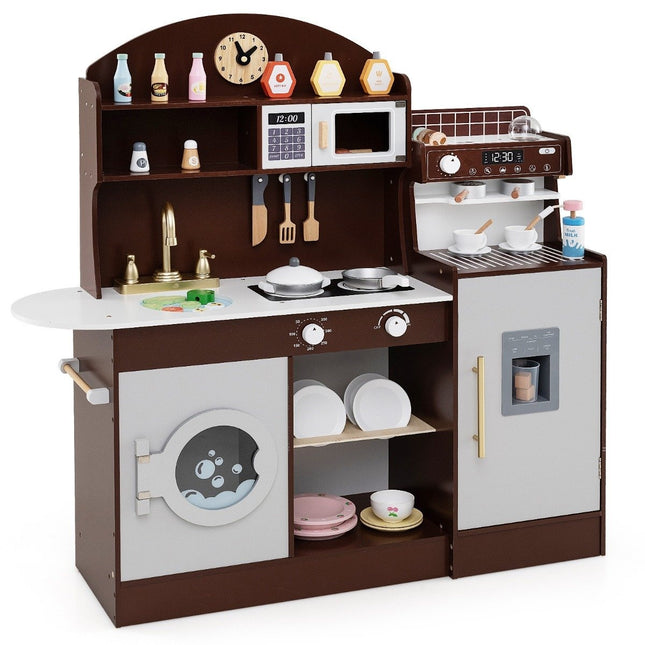 Kinderküche mit 27 Zubehörteilen, Spielküche aus Holz mit Uhr, Mikrowelle, braun