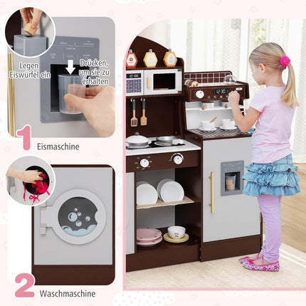 Kinderküche mit 27 Zubehörteilen, Spielküche aus Holz mit Uhr, Mikrowelle, braun