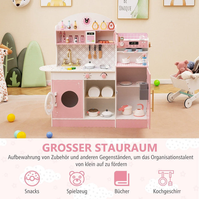 Kinderküche mit 27 Zubehörteilen, Spielküche aus Holz mit Uhr, Mikrowelle, rosa