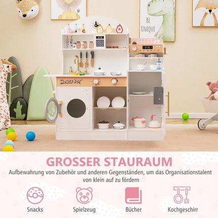 Kinderküche mit 27 Zubehörteilen, Spielküche aus Holz mit Uhr, Mikrowelle, weiß