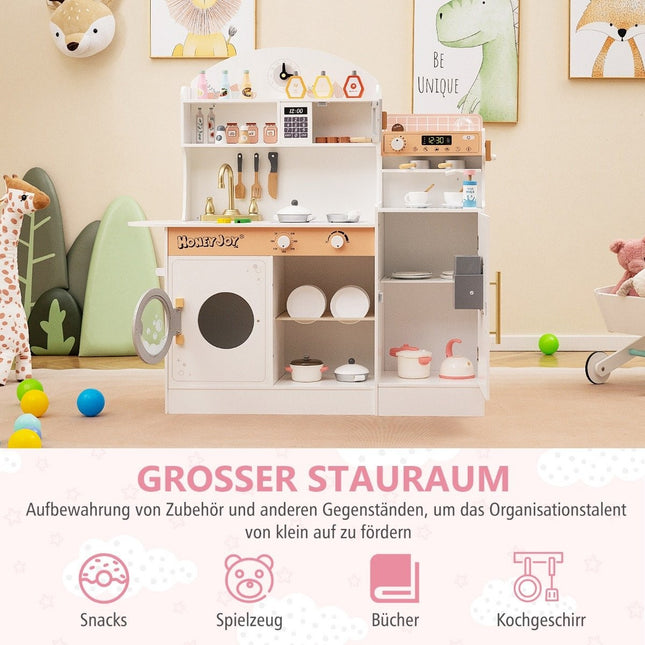 Kinderküche mit 27 Zubehörteilen, Spielküche aus Holz mit Uhr, Mikrowelle, weiß