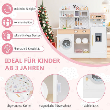 Kinderküche mit 27 Zubehörteilen, Spielküche aus Holz mit Uhr, Mikrowelle, weiß