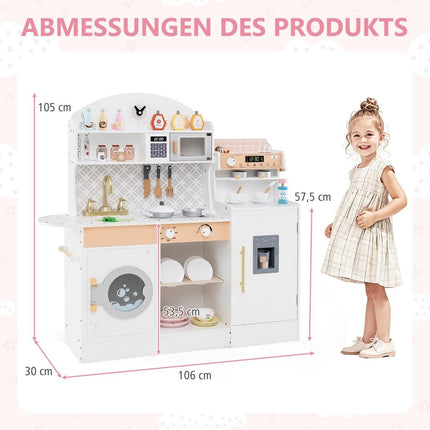 Kinderküche mit 27 Zubehörteilen, Spielküche aus Holz mit Uhr, Mikrowelle, weiß