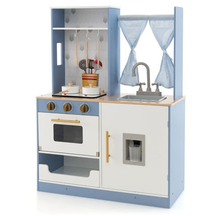 Children's kitchen with curtains & stove & sink & oven & water dispenser Play kitchen for children aged 3 and over.