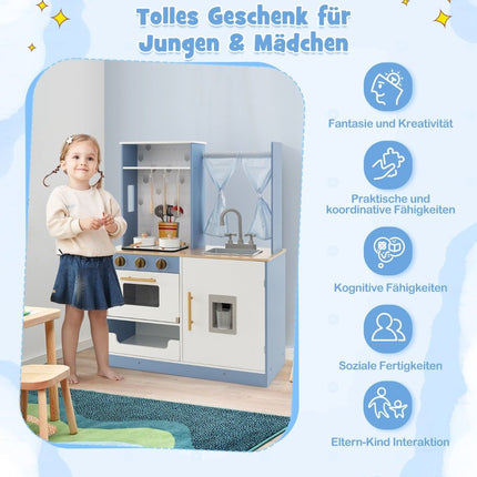 Children's kitchen with curtains & stove & sink & oven & water dispenser Play kitchen for children aged 3 and over.