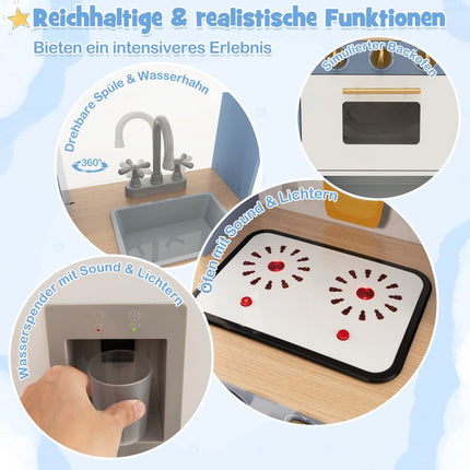 Children's kitchen with curtains & stove & sink & oven & water dispenser Play kitchen for children aged 3 and over.