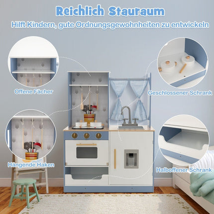 Children's kitchen with curtains & stove & sink & oven & water dispenser Play kitchen for children aged 3 and over.