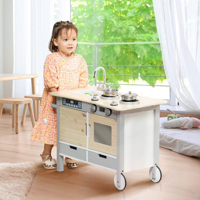 Kinder-Spielküche auf Rollen, Holz, 70x40x66,5 cm, 7-teiliges Set