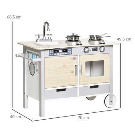 Children's play kitchen on wheels, wood, 70x40x66.5 cm, 7-piece set