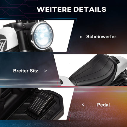 Elektro-Kindermotorrad mit Stützrädern, weiß