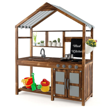 Kinder-Matschküche aus Massivholz mit Baldachin &amp; Kreidetafel &amp; herausnehmbarem Spülbecken
