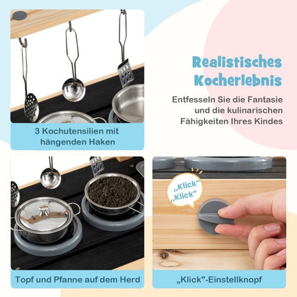 Cuisine de jeu pour enfants avec 2 éviers amovibles, robinet, cuisinière et ustensiles de cuisine