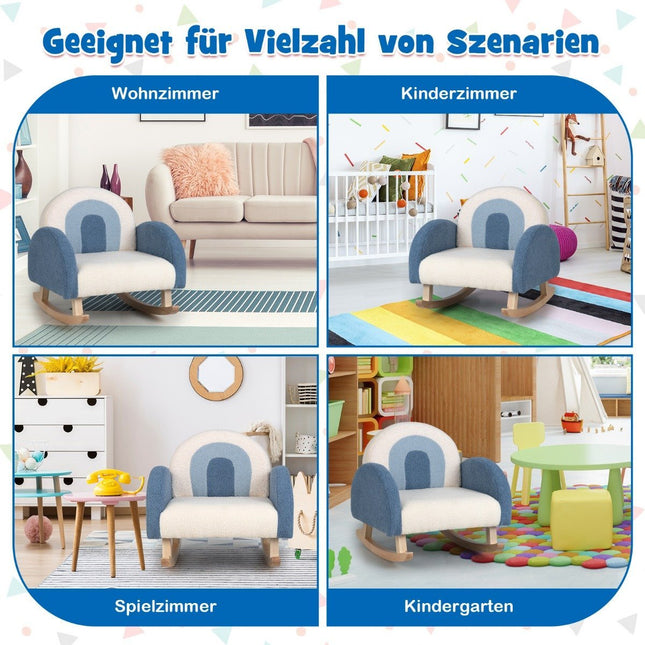 Kinder Schaukelstuhl Teddy Plüsch Sessel mit Schaukelbeinen aus Pappelholz Blau