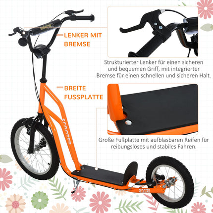 Trottinette enfant à partir de 5 ans, trottinette de ville avec pneus pneumatiques 16/12 pouces, orange, 135 x 58 x 88-94 cm