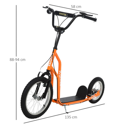 Trottinette enfant à partir de 5 ans, trottinette de ville avec pneus pneumatiques 16/12 pouces, orange, 135 x 58 x 88-94 cm