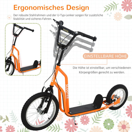 Trottinette enfant à partir de 5 ans, trottinette de ville avec pneus pneumatiques 16/12 pouces, orange, 135 x 58 x 88-94 cm