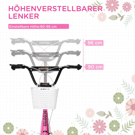 Kinderroller in Pink und Weiß, höhenverstellbar, mit Korb