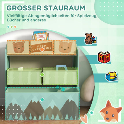 Aufbewahrungsregal für Kinderspielzeug mit 6 grünen Stofffächern