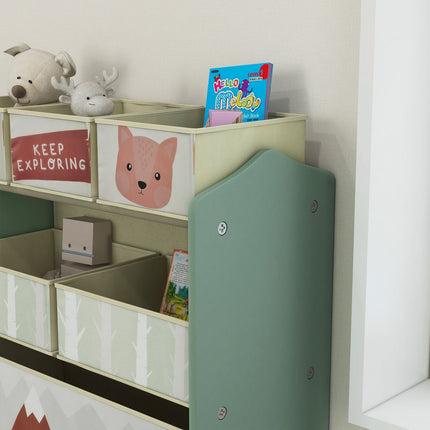 Aufbewahrungsregal für Kinderspielzeug mit 6 grünen Stofffächern