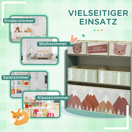 Aufbewahrungsregal für Kinderspielzeug mit 6 grünen Stofffächern