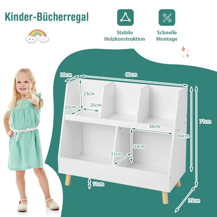 Kinderregal mit 5 offenen Fächern Bücherregal Kinderzimmerregal mit Massivholzbeinen weiß