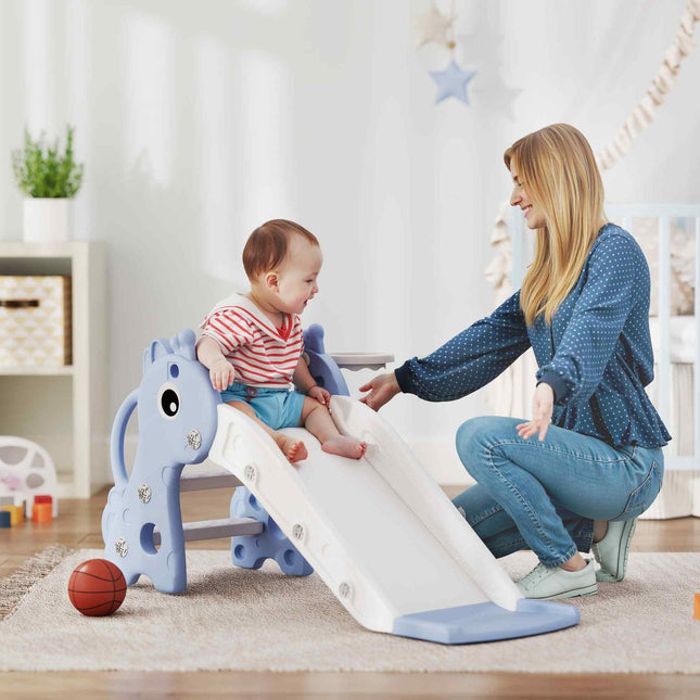 Kinderglijbaan, 3 in 1, peuterglijbaan met basketbalring, glijbaan met basketbal voor kinderen van 1 tot 3 jaar, binnen, blauw 106 x 51,5 x 52 cm Aosom