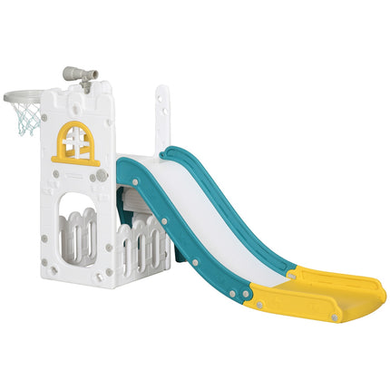 Kinder-Rutsche, 4 in 1, Kleinkinderrutsche mit Basketballkorb, Teleskop-Klettergerüst gelb 70 x 177 x 92 cm