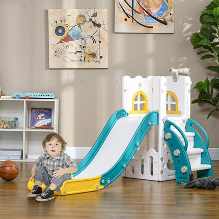 Kinder-Rutsche, 4 in 1, Kleinkinderrutsche mit Basketballkorb, Teleskop-Klettergerüst gelb 70 x 177 x 92 cm