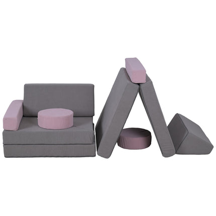 Modulares Schaumstoffsofa für Kinder, 12-teiliges Spielsofa, Grau/Pink
