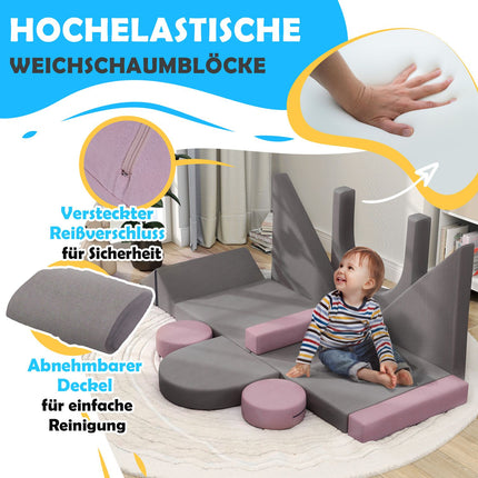 Modulares Schaumstoffsofa für Kinder, 12-teiliges Spielsofa, Grau/Pink