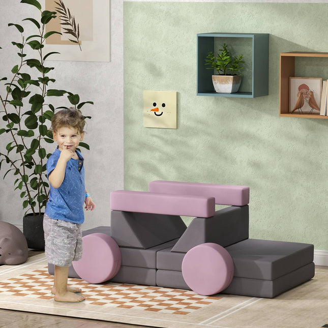 Modulares Schaumstoffsofa für Kinder, 12-teiliges Spielsofa, Grau/Pink