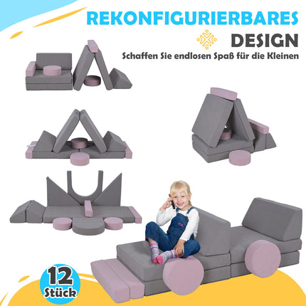 Modulares Schaumstoffsofa für Kinder, 12-teiliges Spielsofa, Grau/Pink