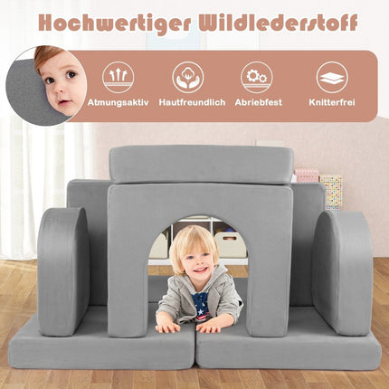 Kindersofa 8-teiliges Spielsofa aus Schaumstoff-Bausteinen mit bequemem Wildlederstoff Grau