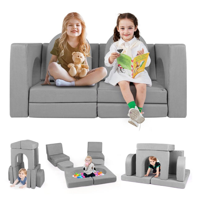 Kindersofa 8-teiliges Spielsofa aus Schaumstoff-Bausteinen mit bequemem Wildlederstoff Grau