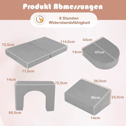 Kindersofa 8-teiliges Spielsofa aus Schaumstoff-Bausteinen mit bequemem Wildlederstoff Grau