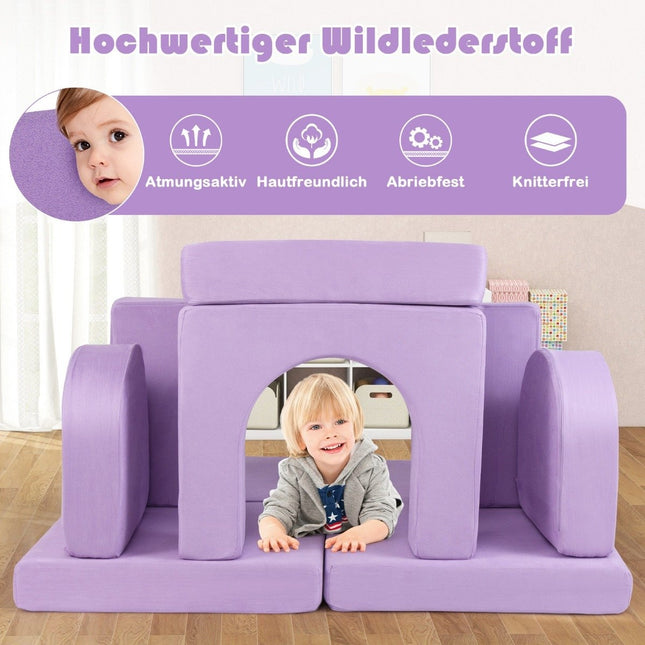 Kindersofa 8-teiliges Spielsofa aus Schaumstoff-Bausteinen mit bequemem Wildlederstoff Lila