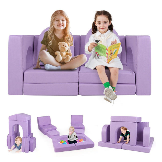 Kindersofa 8-teiliges Spielsofa aus Schaumstoff-Bausteinen mit bequemem Wildlederstoff Lila