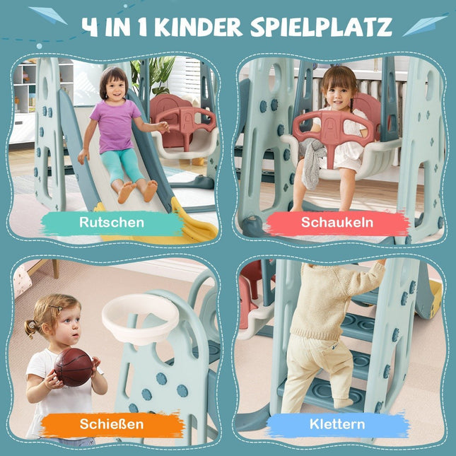 Kinderschaukel mit Rutsche, höhenverstellbarer Sitz, 4 in 1 Schaukel &amp; Rutsche &amp; Basketballkorb &amp; Leiter für Kinder ab 18 Monaten