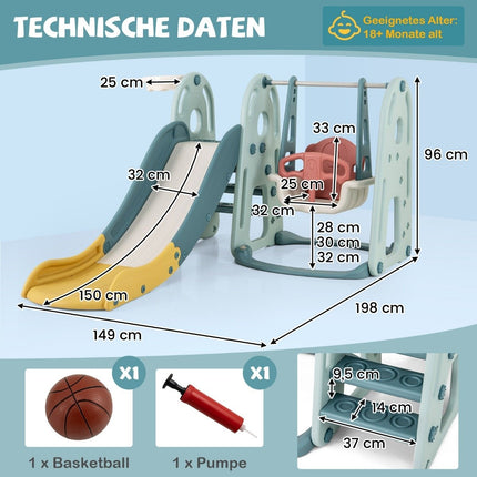 Kinderschaukel mit Rutsche, höhenverstellbarer Sitz, 4 in 1 Schaukel &amp; Rutsche &amp; Basketballkorb &amp; Leiter für Kinder ab 18 Monaten
