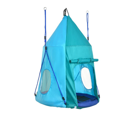 Balançoire nid avec tente, balançoire de jardin Ø 100 cm, balançoire pour enfants avec fenêtre et cordes réglables en longueur, étanche jusqu'à 150 kg, bleu-vert